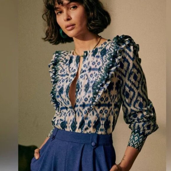 Sézane Sz 40 (US 8) • Blue Boby Shirt Cotton Blouse Imprime Ikat Print - Picture 1 of 7